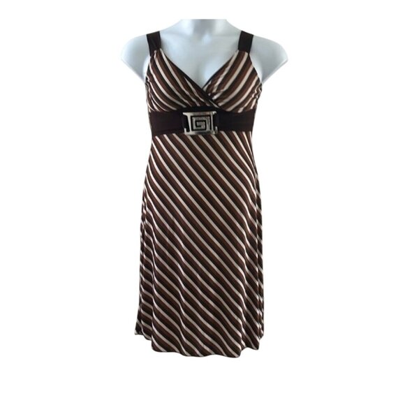Brown & White Striped Gidani Sleeveless Dress With Belted Waist & Silver Buckle - Picture 2 of 8